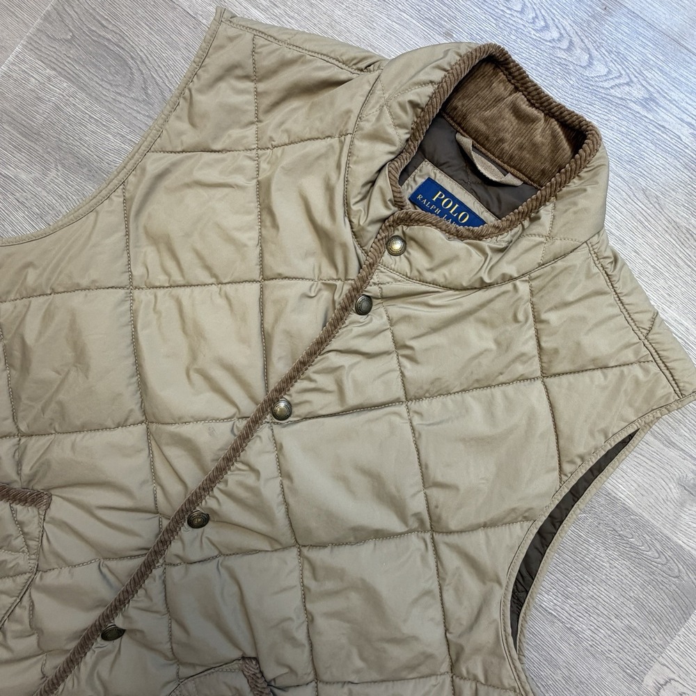 Polo Ralph Lauren Quilted Vest Mens M Tan Corduroy Trim Snap Front Utility